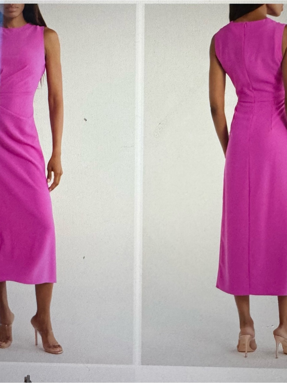 Ruched Sleeveless Midi Sheath Dress in Fuchsia Pink